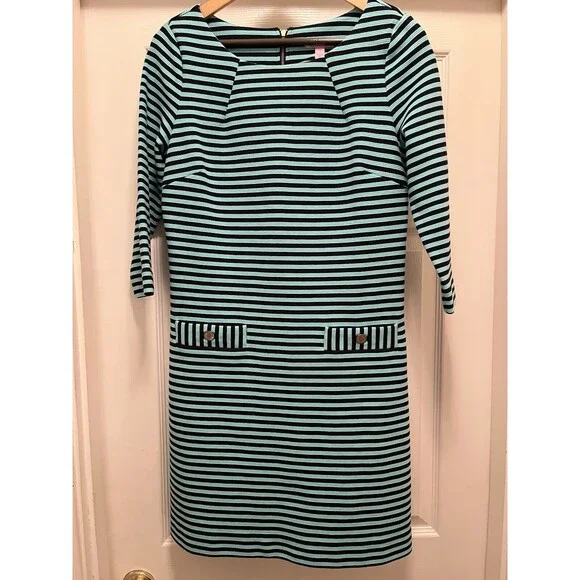 Lilly Pulitzer Charlene Navy Aqua Blue Stripes Dress Gold Buttons Sz M Jackie-O - Picture 4 of 16